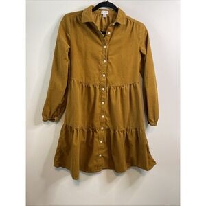 J Crew 00 Mustard Corduroy Tiered Shirt Dress Cotton Button Front Mini